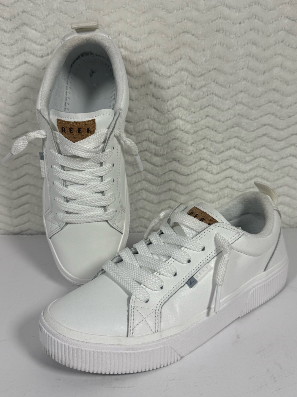 Reef White Lace-Up Platform Sneakers with Cork Tongue Accent